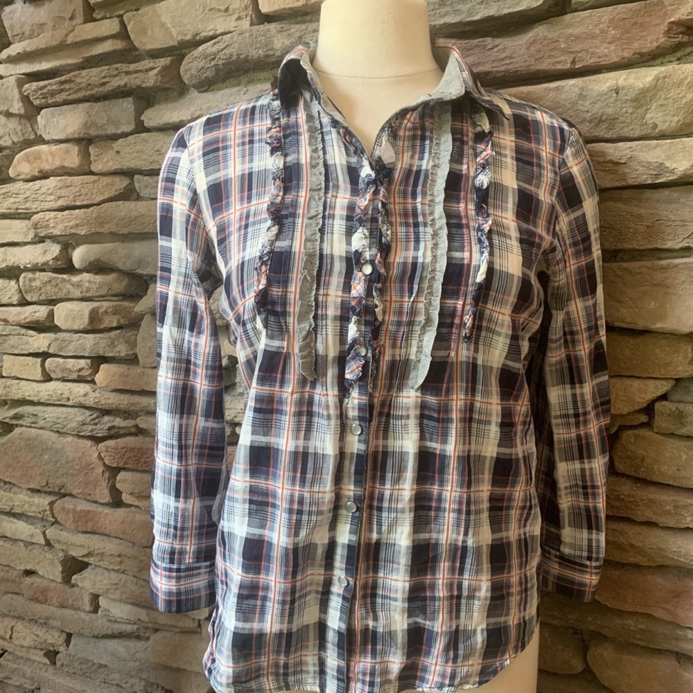 Zara Basics Women’s Ruffled Navy White Plaid Button Up collared neck 3/4 sleeves
